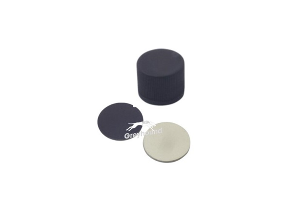 Picture of 8-425 Black Solid Top Polypropylene Screw Cap with Grey PTFE/Cream Butyl Septa, 1.3mm, (Shore A 55)